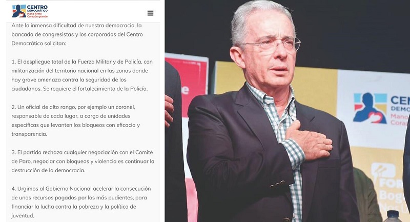El expresidente de Colombia y líder del Centro Democrático, Álvaro Uribe Vélez, dio a conocer la posición del partido por los recientes hechos de violencia que se presentaron en la última jornada del paro nacional. 