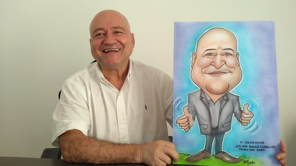 Uno de esos protagonistas es el excombatiente Antonio Losada y ahora senador, Juan Gallo Cubillos, quien poso ante el maestro Martín Bayona para que le diera el toque caricaturesco a su nuevo y brillante rostro.  El tiempo y su actividad dirá hasta dónde llega su incorporación a la vida ciudadana.